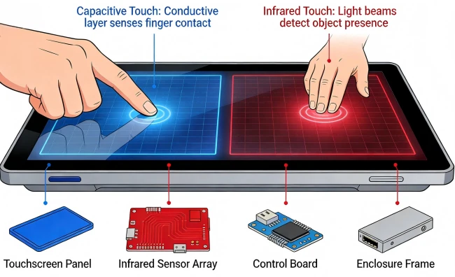 Close-up of a person interacting with a digital touchscreen display, illustrating capacitive vs infrared touch technology and interactive kiosk hardware choices Close-up of a person interacting with a digital touchscreen display, illustrating capacitive vs infrared touch technology and interactive kiosk hardware choices